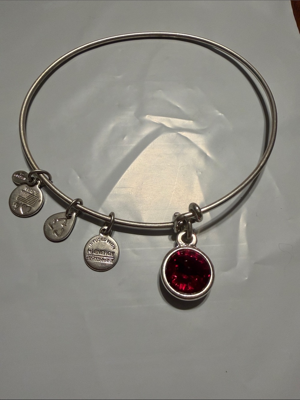 Alex and Ani Silver-Tone Charm Bangle with Deep Red Gem